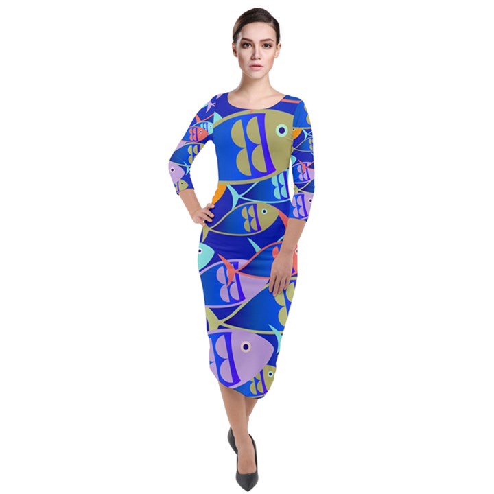 Sea Fish Illustrations Quarter Sleeve Midi Velour Bodycon Dress