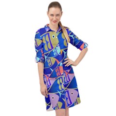 Sea Fish Illustrations Long Sleeve Mini Shirt Dress by Mariart