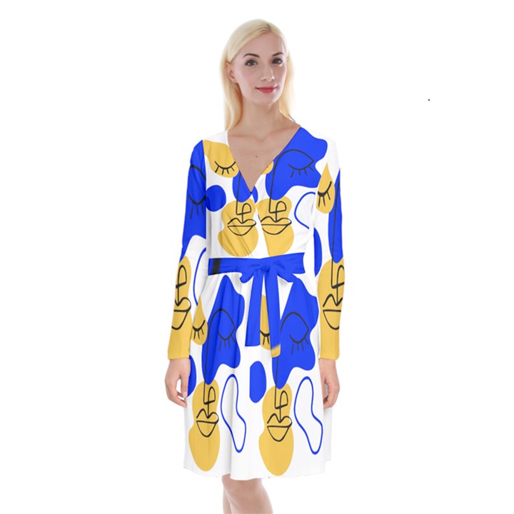 Evening Mood Face Drawing Long Sleeve Velvet Front Wrap Dress