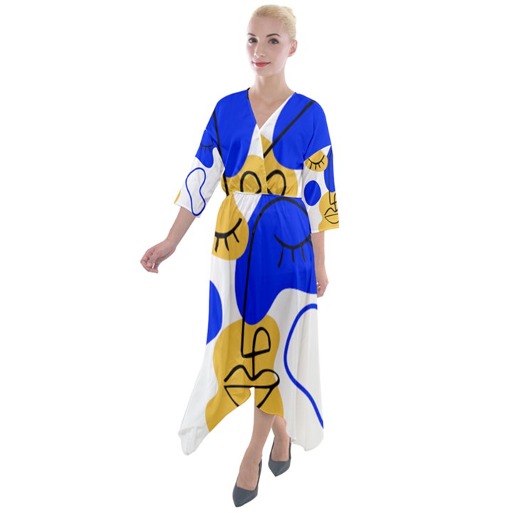 Evening Mood Face Drawing Quarter Sleeve Wrap Front Maxi Dress