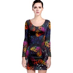 Butterfly Floral Pattern Long Sleeve Bodycon Dress