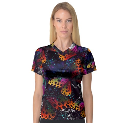 Butterfly Floral Pattern V-neck Sport Mesh Tee by ArtsyWishy