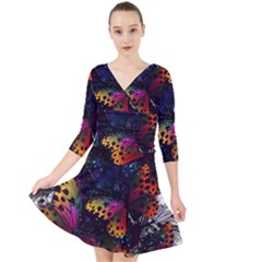 Butterfly Floral Pattern Quarter Sleeve Front Wrap Dress