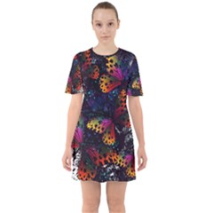 Butterfly Floral Pattern Sixties Short Sleeve Mini Dress