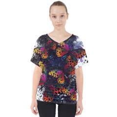 Butterfly Floral Pattern V-Neck Dolman Drape Top