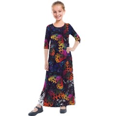 Butterfly Floral Pattern Kids  Quarter Sleeve Maxi Dress