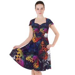 Butterfly Floral Pattern Cap Sleeve Midi Dress