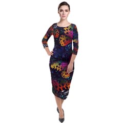 Butterfly Floral Pattern Quarter Sleeve Midi Velour Bodycon Dress