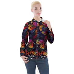 Butterfly Floral Pattern Women s Long Sleeve Pocket Shirt