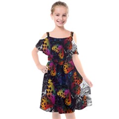 Butterfly Floral Pattern Kids  Cut Out Shoulders Chiffon Dress