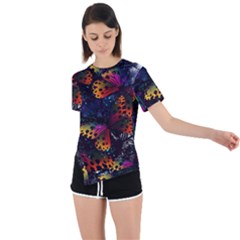 Butterfly Floral Pattern Asymmetrical Short Sleeve Sports Tee