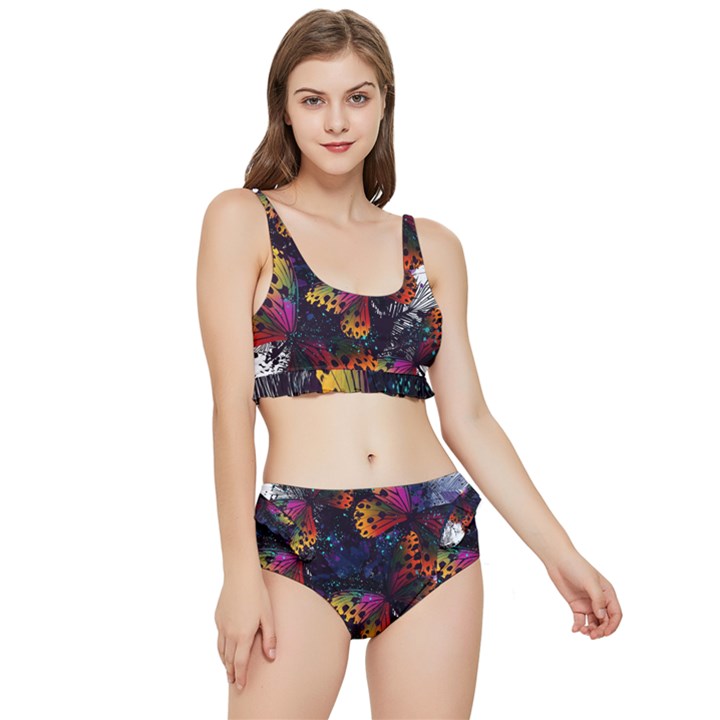 Butterfly Floral Pattern Frilly Bikini Set