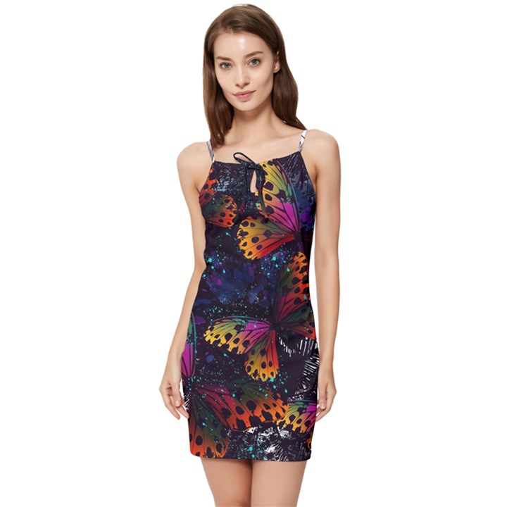 Butterfly Floral Pattern Summer Tie Front Dress