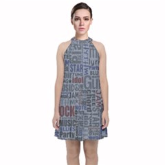 Dark Denim With Letters Velvet Halter Neckline Dress 