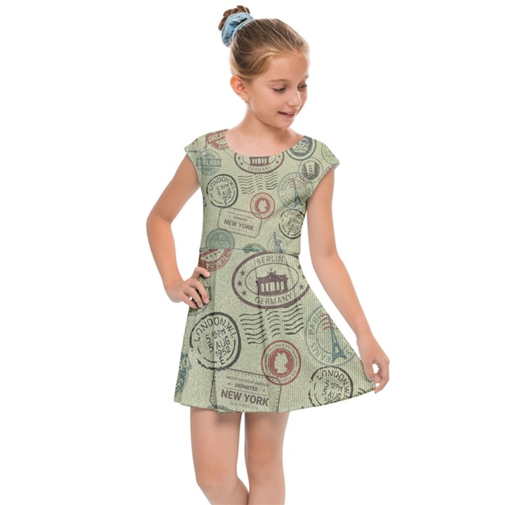 Beige Denim With Logos Kids  Cap Sleeve Dress