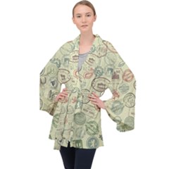 Beige Denim With Logos Long Sleeve Velvet Kimono  by ArtsyWishy