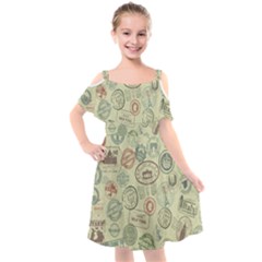 Beige Denim With Logos Kids  Cut Out Shoulders Chiffon Dress by ArtsyWishy