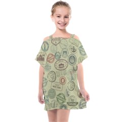 Beige Denim With Logos Kids  One Piece Chiffon Dress by ArtsyWishy