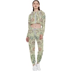 Beige Denim With Logos Cropped Zip Up Lounge Set by ArtsyWishy