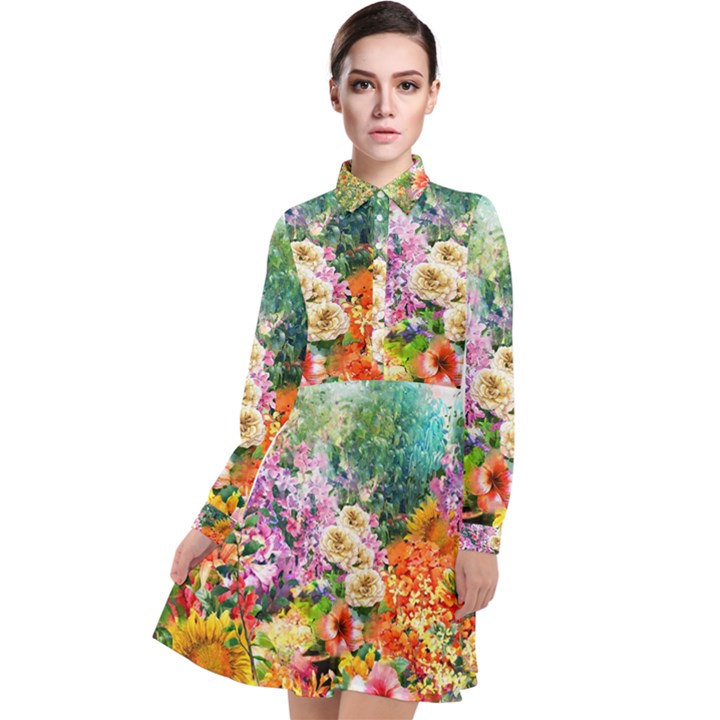 Forest Flowers  Long Sleeve Chiffon Shirt Dress