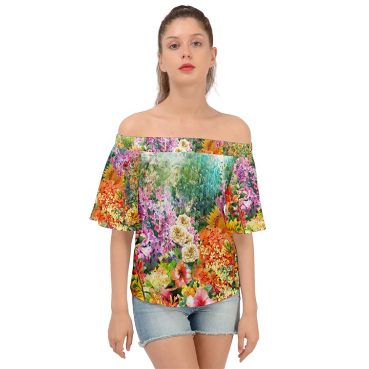 Forest Flowers  Off Shoulder Short Sleeve Top