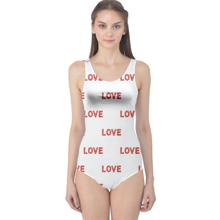 Flower Decorated Love Text Motif Print Pattern One Piece Swimsuit