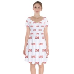 Flower Decorated Love Text Motif Print Pattern Short Sleeve Bardot Dress