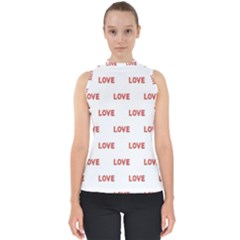 Flower Decorated Love Text Motif Print Pattern Mock Neck Shell Top