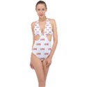 Flower Decorated Love Text Motif Print Pattern Halter Front Plunge Swimsuit View1