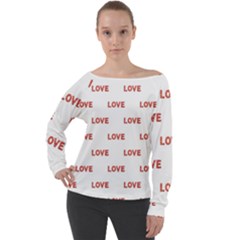 Flower Decorated Love Text Motif Print Pattern Off Shoulder Long Sleeve Velour Top