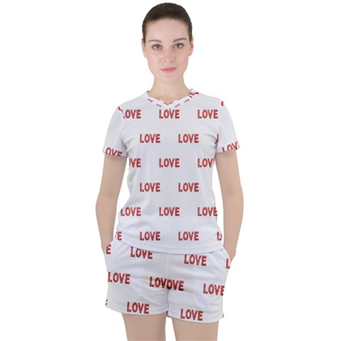 Flower Decorated Love Text Motif Print Pattern Women s Tee And Shorts Set by dflcprintsclothing