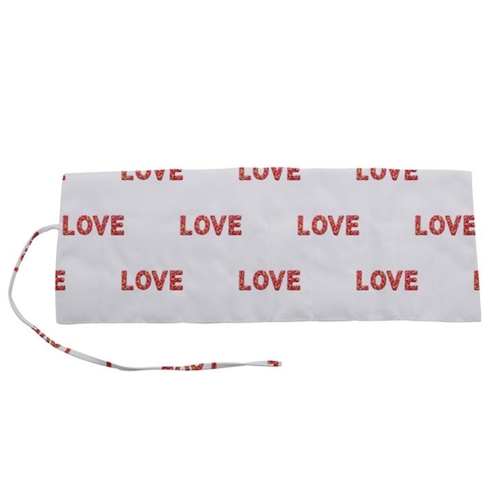 Flower Decorated Love Text Motif Print Pattern Roll Up Canvas Pencil Holder (S)