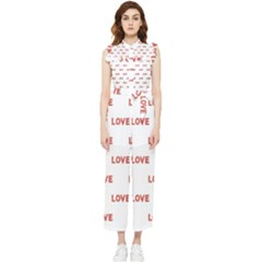 Flower Decorated Love Text Motif Print Pattern Women s Frill Top Jumpsuit by dflcprintsclothing