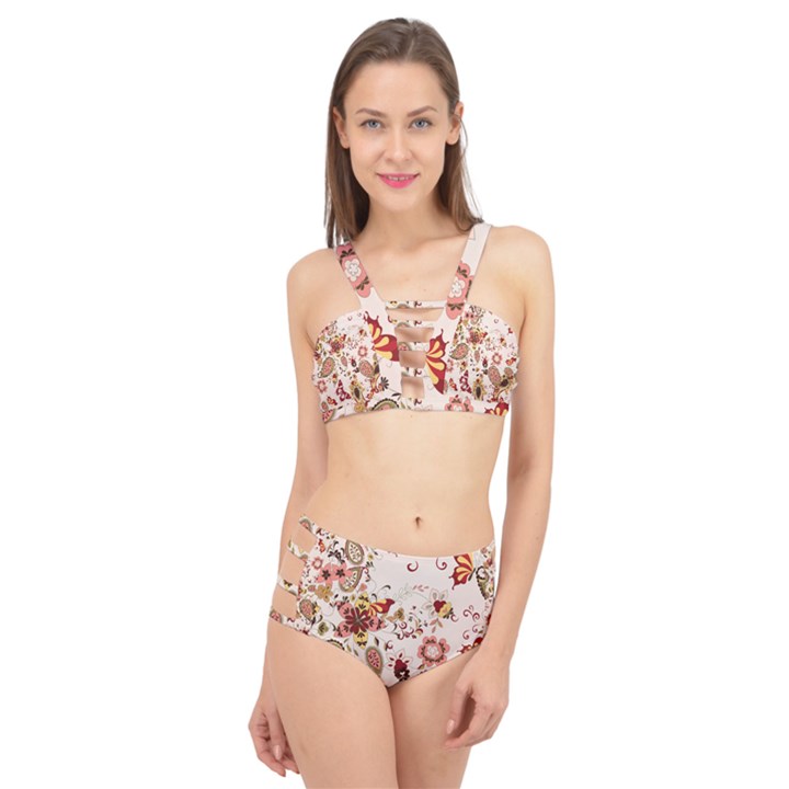 Red Floral Baatik Print Red Floral Baatik Print Cage Up Bikini Set