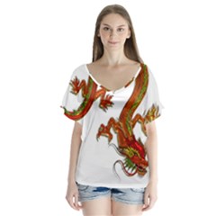 Dragon Art Glass Metalizer China V-neck Flutter Sleeve Top by HermanTelo