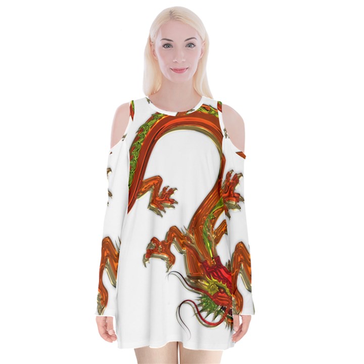 Dragon Art Glass Metalizer China Velvet Long Sleeve Shoulder Cutout Dress