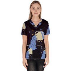 Aquarius Horoscope Astrology Zodiac Women s V-neck Scrub Top by Mariart