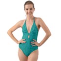 Green Denim Halter Cut-Out One Piece Swimsuit View1