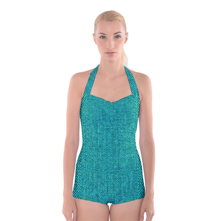 Green Denim Boyleg Halter Swimsuit 