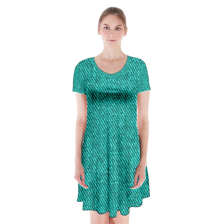 Green Denim Short Sleeve V-neck Flare Dress