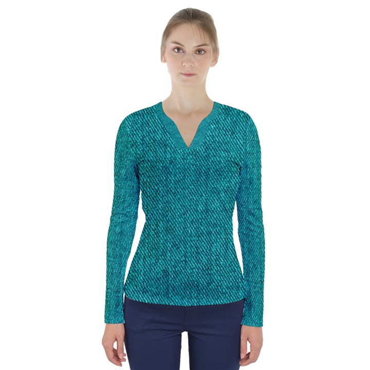 Green Denim V-Neck Long Sleeve Top