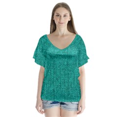 Green Denim V-Neck Flutter Sleeve Top