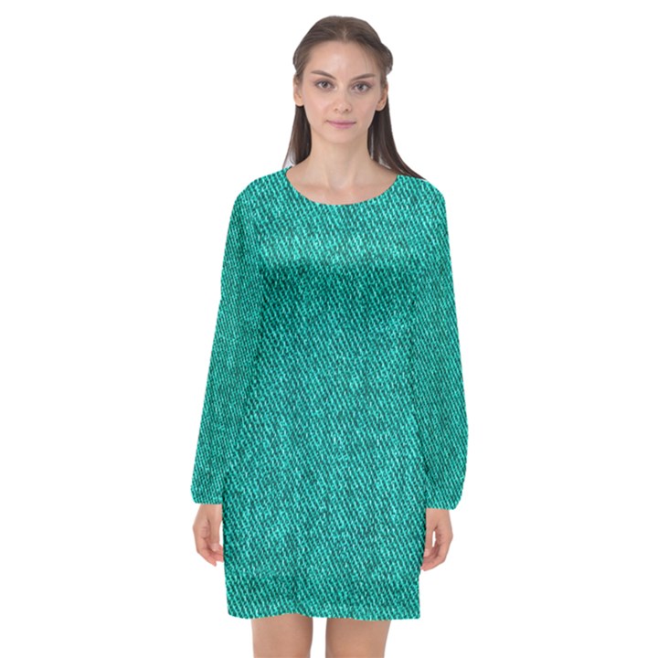 Green Denim Long Sleeve Chiffon Shift Dress 