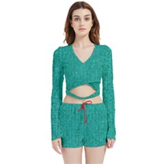 Green Denim Velvet Wrap Crop Top and Shorts Set