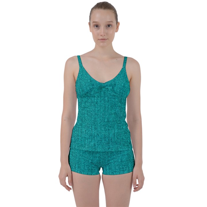 Green Denim Tie Front Two Piece Tankini