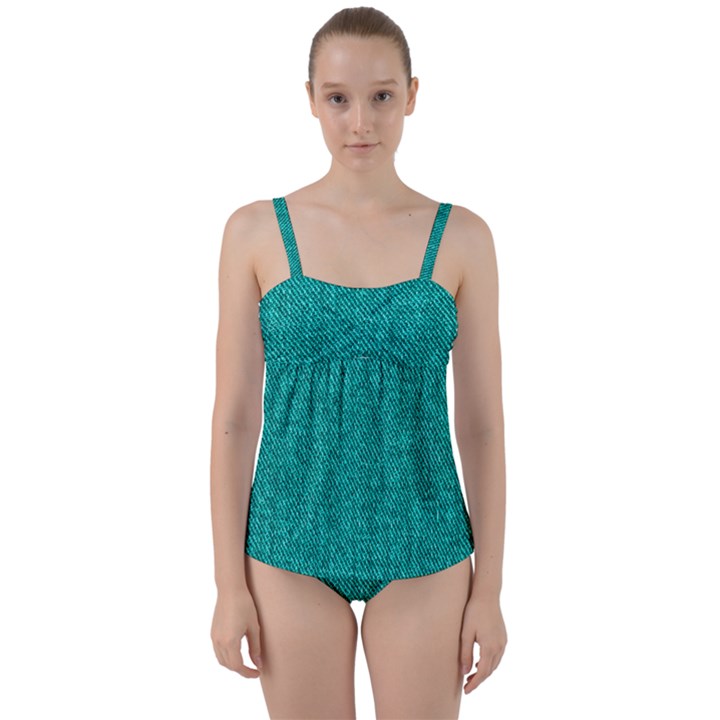 Green Denim Twist Front Tankini Set