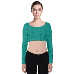 Green Denim Velvet Long Sleeve Crop Top