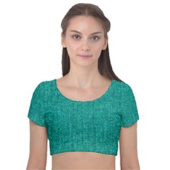 Green Denim Velvet Short Sleeve Crop Top 