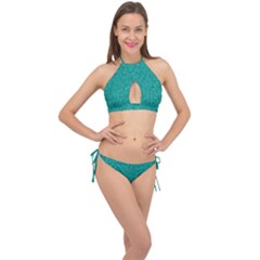 Green Denim Cross Front Halter Bikini Set