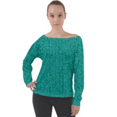 Green Denim Off Shoulder Long Sleeve Velour Top